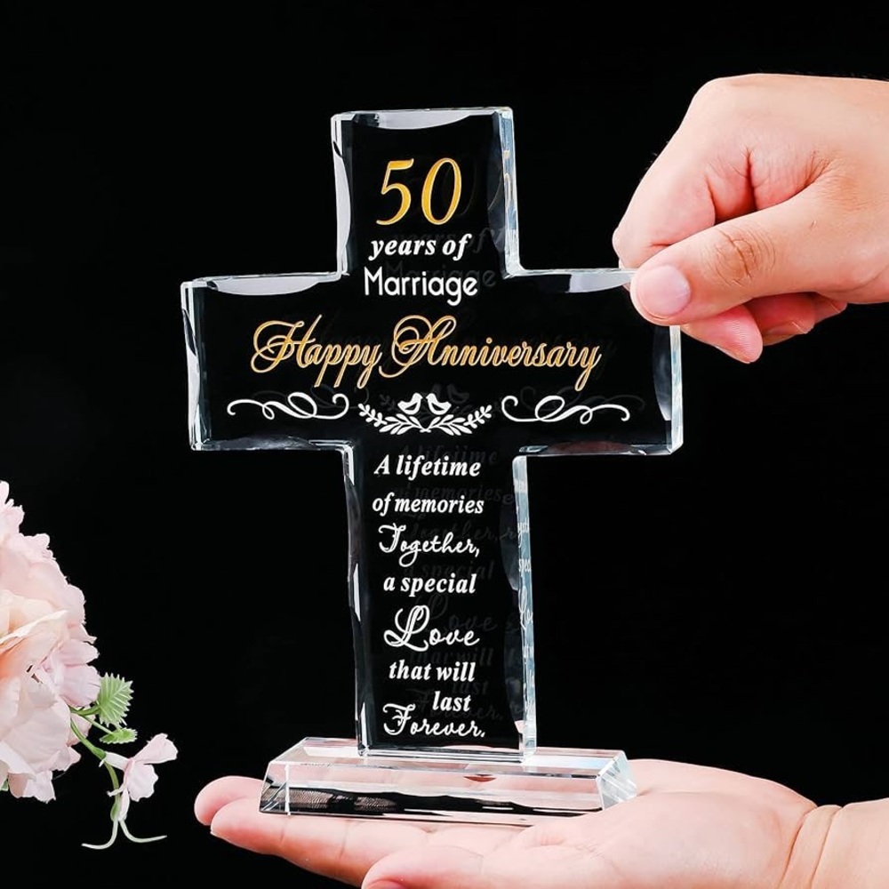 NEW IN BOX 50th Wedding Anniversary Cross Laser Engraved Glass Keepsake Gift - Picture 3 of 9